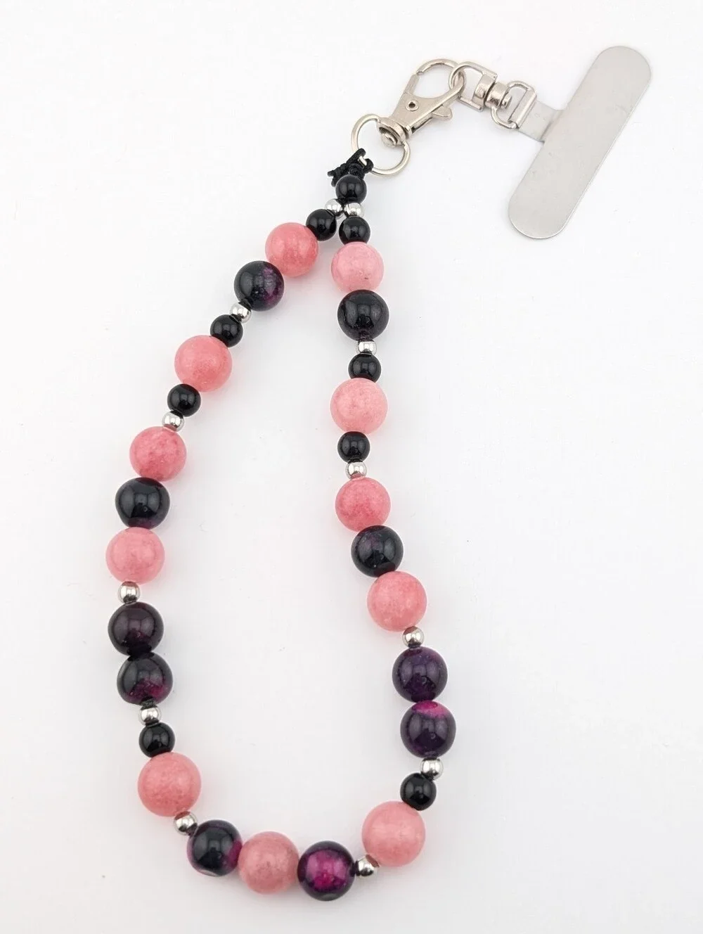 NWT Phone Lanyard/ Key Chain Bracelet Wrist Strap With Pink & Black Beads